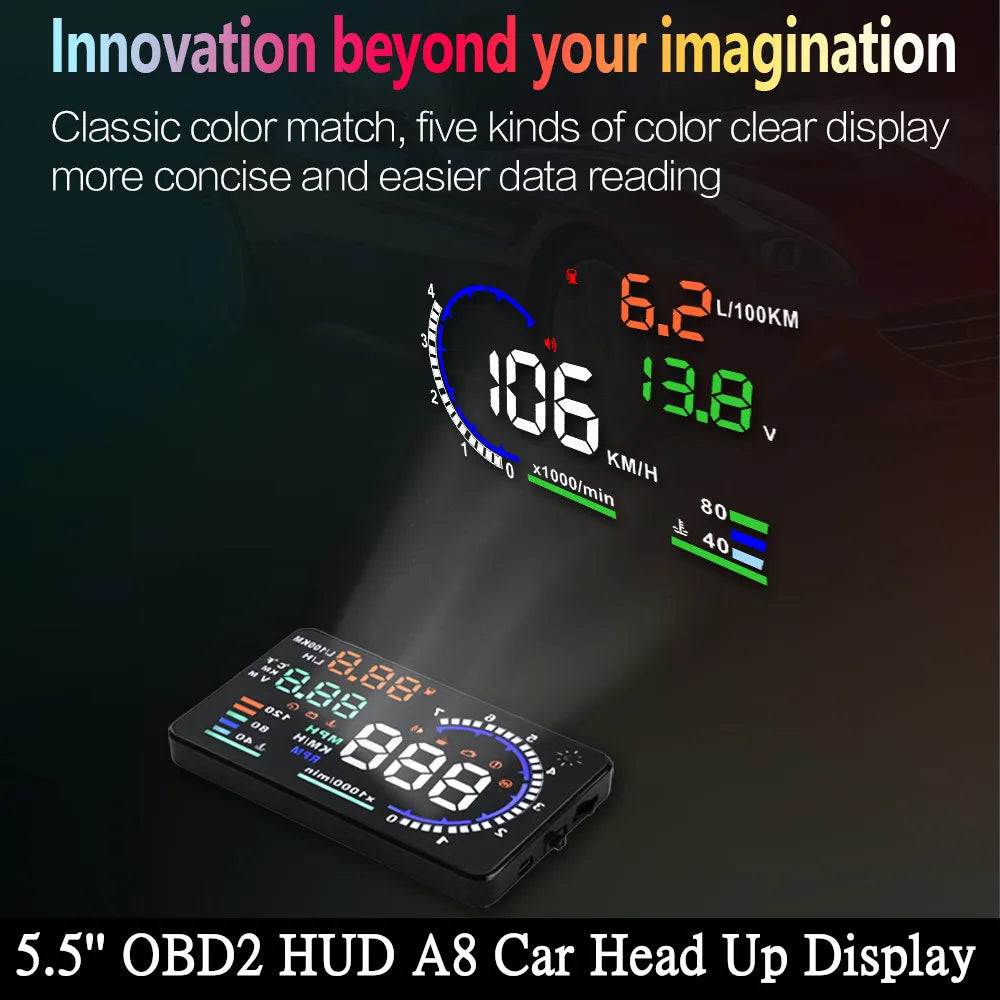 A8 5.5'' OBD2 EOBD HUD Car Head Up Display LED Windshield Projector Speedometer Water Temp RPM Meter Speed Voltage Alarm