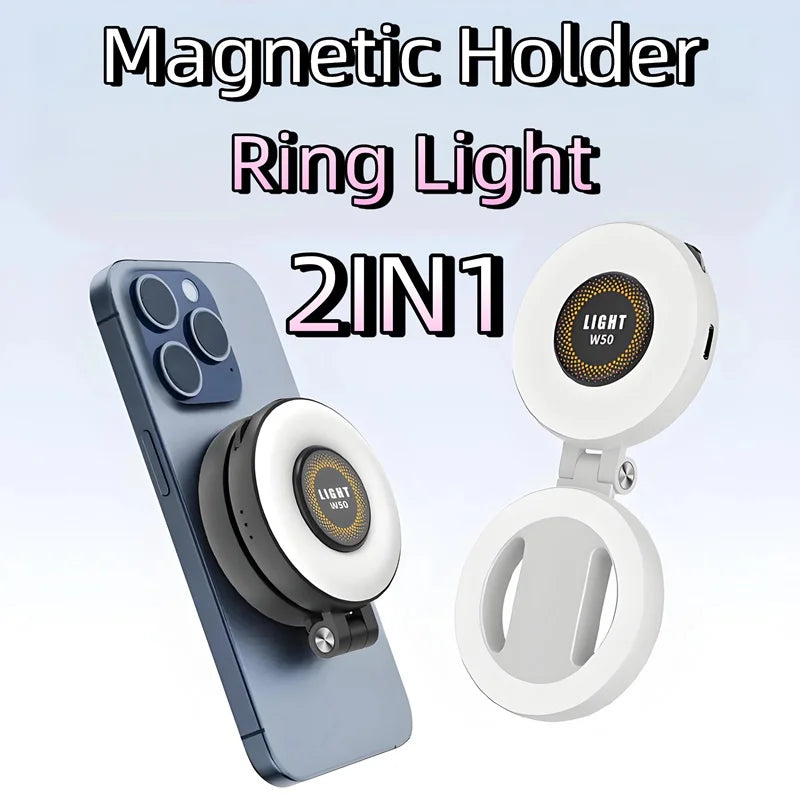 2in1 Portable Foldable Magnetic Rechargeable Ring Fill Light Phone Holder Perfect for Travel, Desktop, Selfies, Video, Makeup